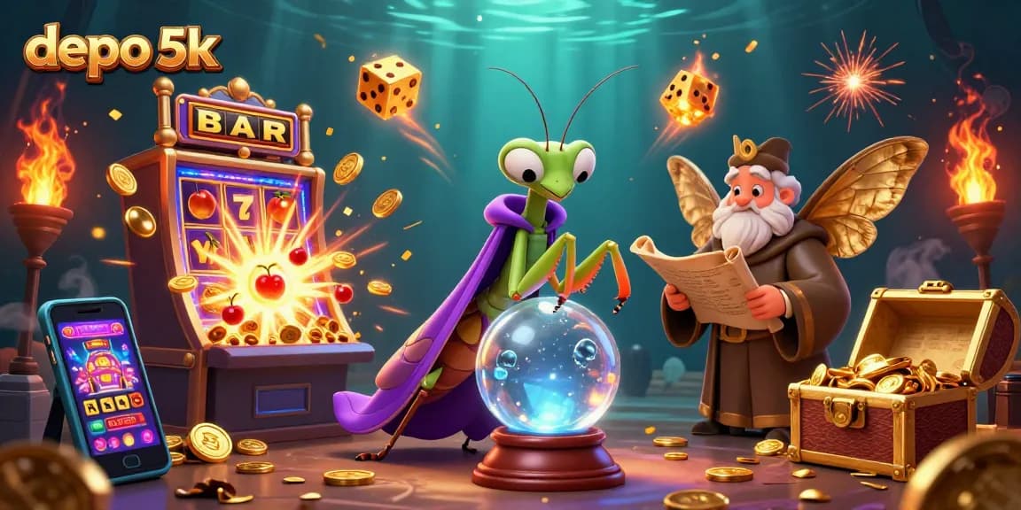 Experience thrilling gaming action with depo 5k in this vibrant slot illustration, featuring fortune tellers and jackpots.