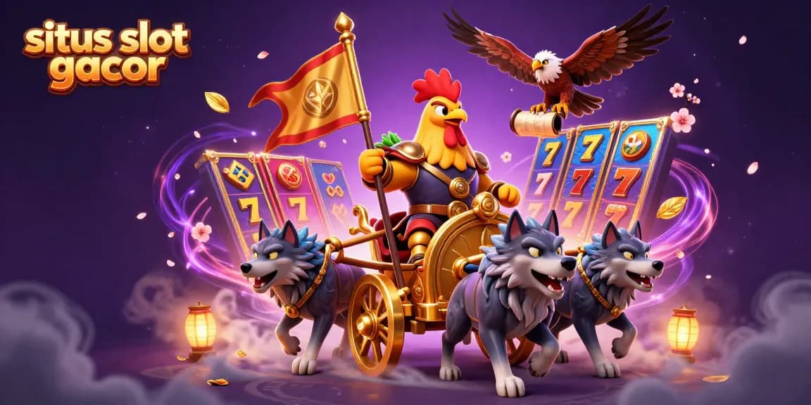 Engage with situs slot gacor through an exciting 3D illustration of a rooster warlord amidst a vibrant gambling scene.