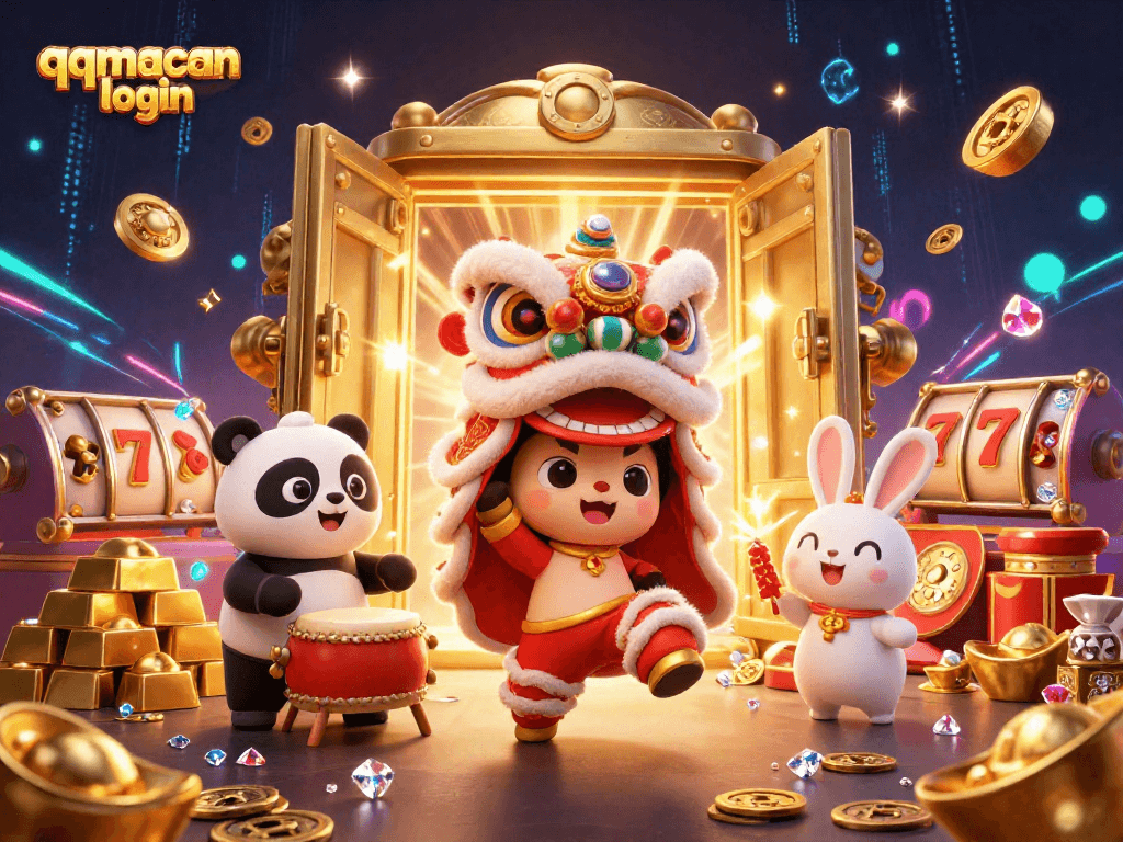 Experience the excitement of qqmacan login with a vibrant 3D illustration featuring a lively casino scene.
