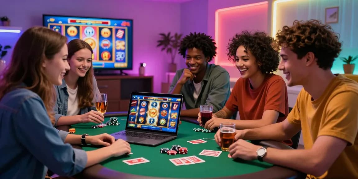Friends enjoying a fun gaming session on online casinos Australia with poker chips and animated game screens.