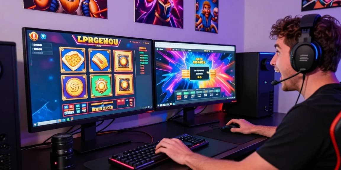 Engaged gamer enjoying link raja328 slot games on dual-screen setup in vibrant online gaming environment.