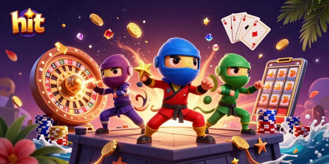 Hit chameleons perform in a vibrant casino scene with coins and cards for players.