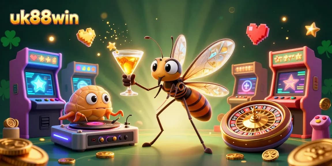 Engage with the vibrant uk88win casino scene featuring a charismatic mascot and captivating game elements.