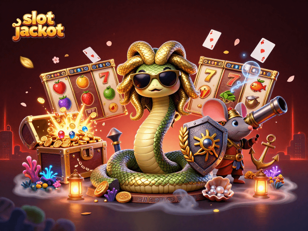 Play exciting slot jackpot games with fun characters and treasure in vibrant 3D illustration.