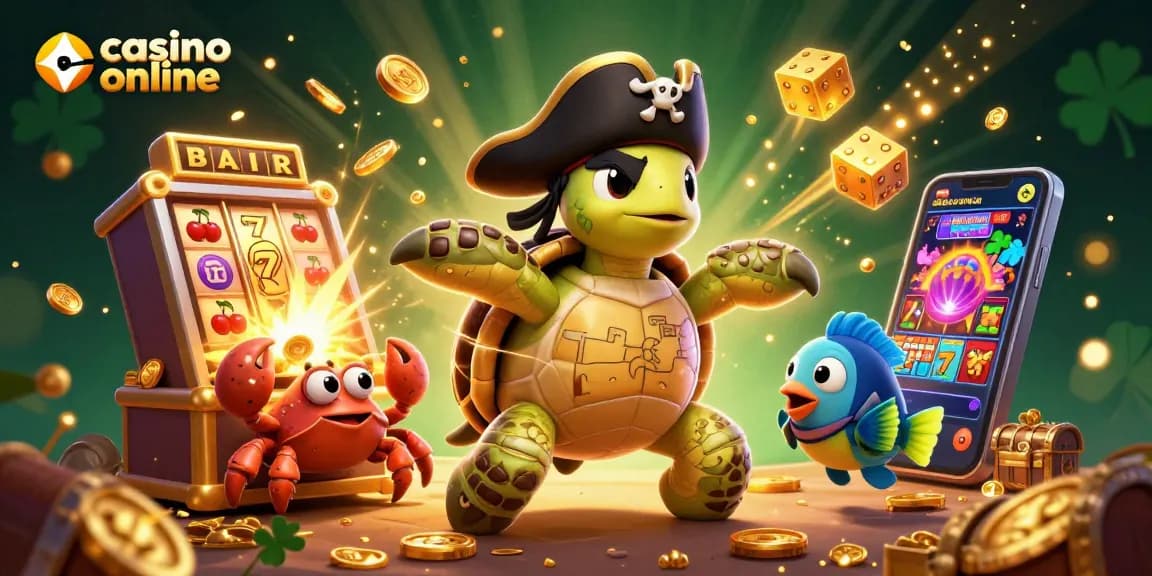 Joacă la casino online cu un țestoasă pirat 3D, crab de mare și pește-colorat în jurul sloturilor și comoarelor de aur