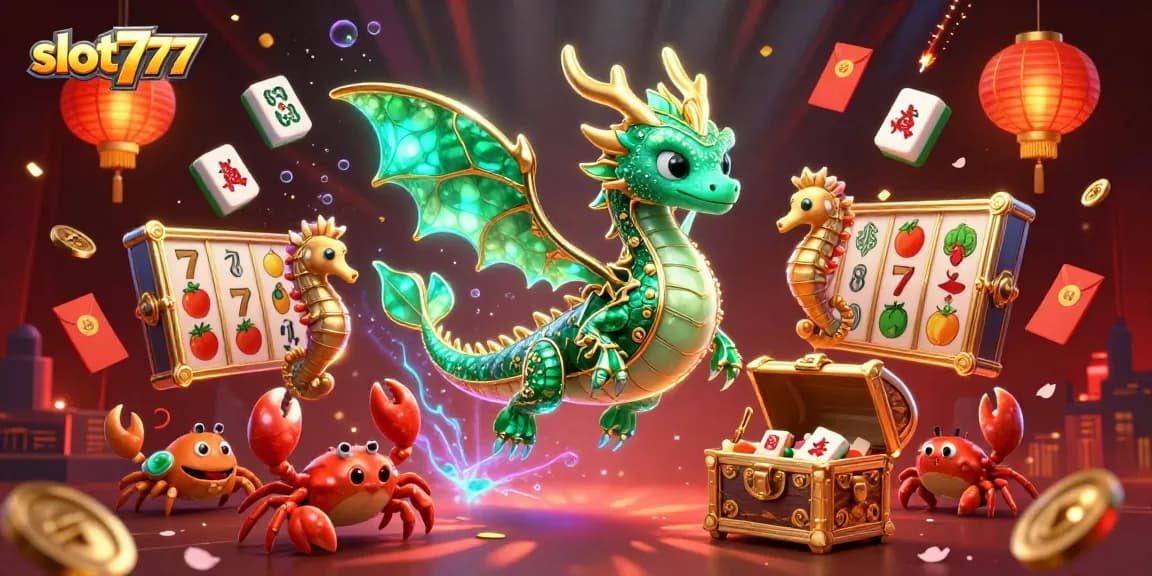 Spin the slot777 reels with a vibrant sea dragon guarding treasures in this exciting casino scene.