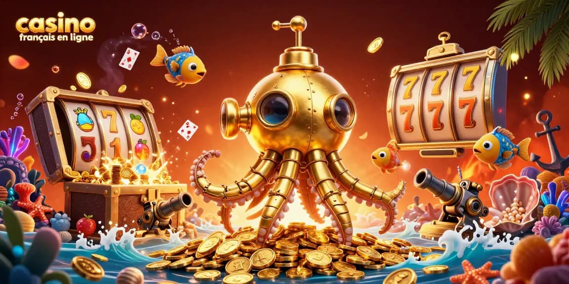 Découvrez un casino français en ligne vibrant avec un kraken doré et des machines à sous, entouré de trésors sous-marins.