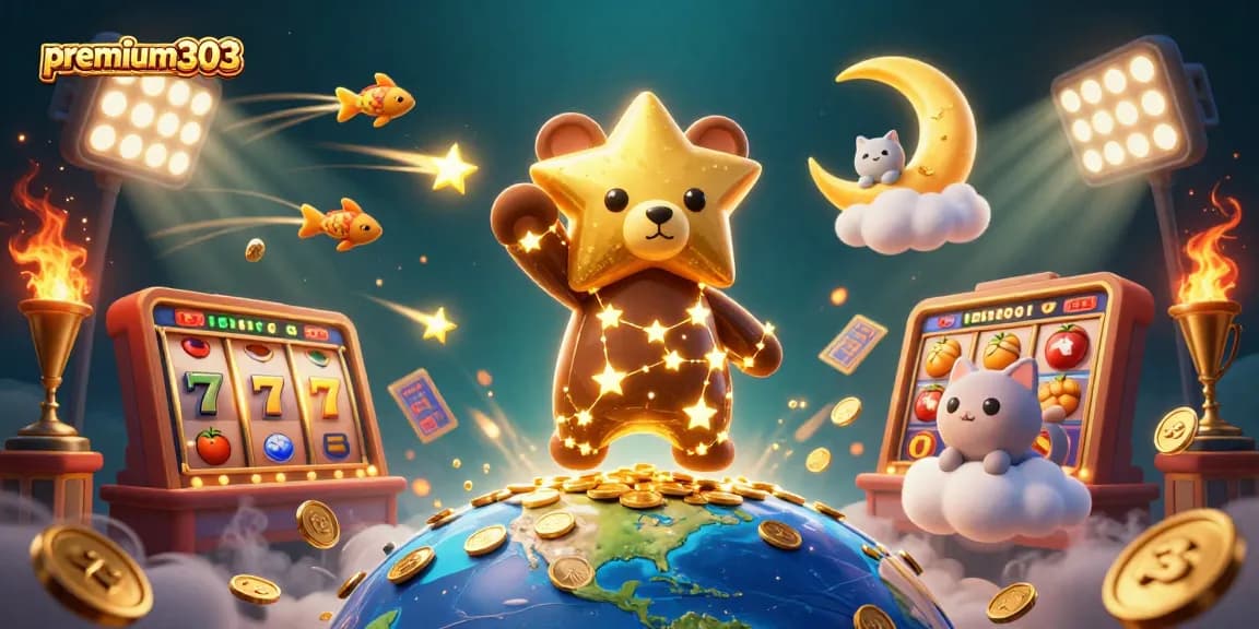 Experience thrilling slots with premium303 as the constellation bear collects gold coins amidst dynamic gaming elements.