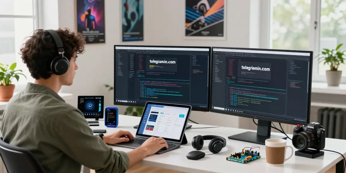 Developer at a tech workspace showcasing telegraimin.com applications in a dynamic environment.