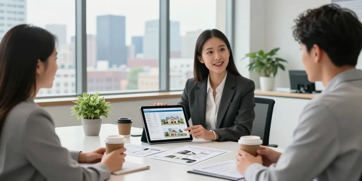 Real estate agent engaging with clients at https://coventryat7.co.uk/ showcasing properties in a modern office.