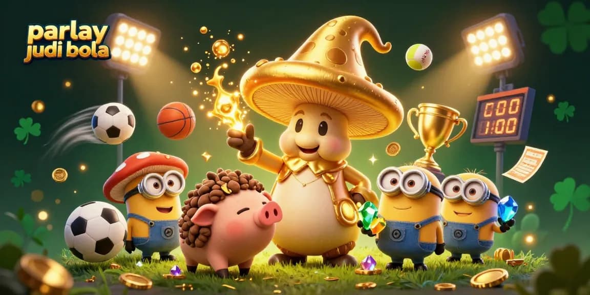 Experience parlay judi bola action with a magical wizard and sports excitement in this vibrant illustration.