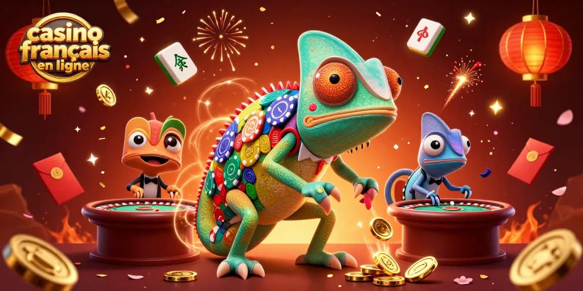 Explorez le casino français en ligne avec un propriétaire caméléon vibrant, capturant des pièces d'or.