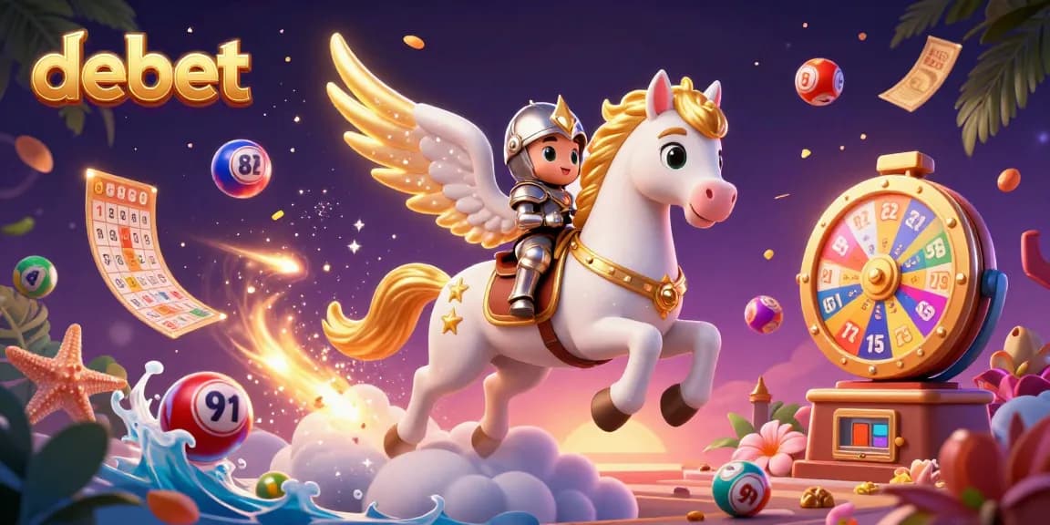 Join the cosmic adventure of debet with a lucky armored knight and celestial horse amidst vibrant lottery elements.
