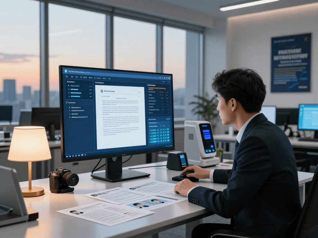 Cybersecurity analyst utilizing document fraud detection technology in a modern office environment, showcasing advanced analytical tools.