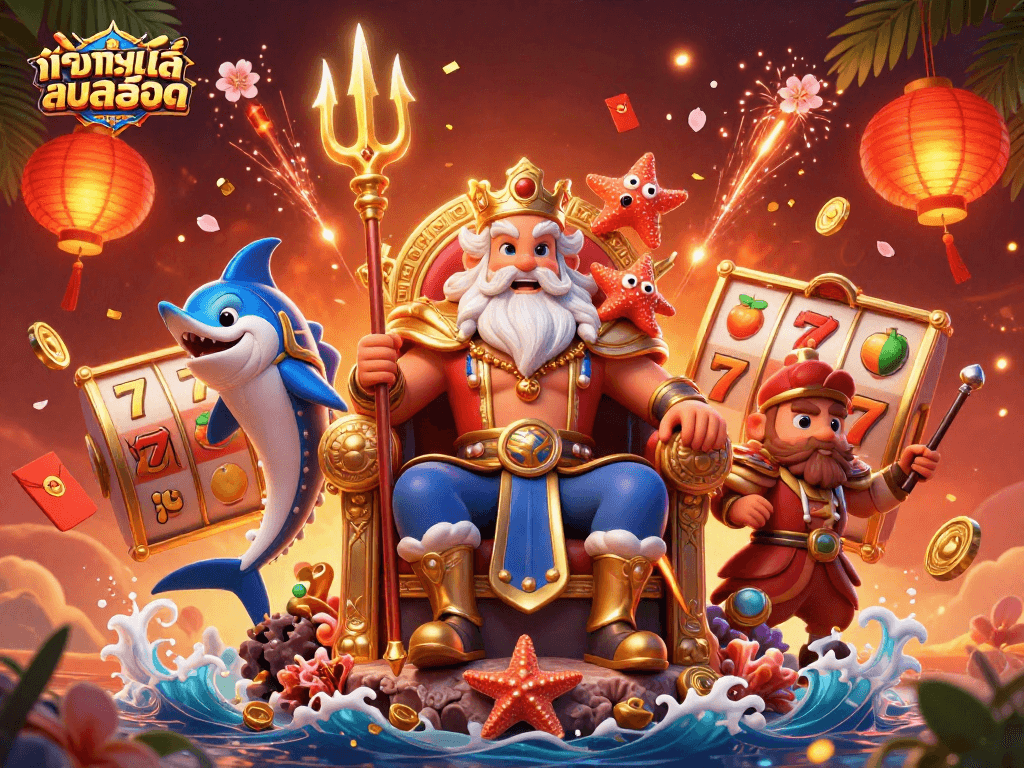 ทดลองเล่นสล็อต with Neptune and samurai in a vibrant 3D casino-themed illustration, showcasing slot elements.