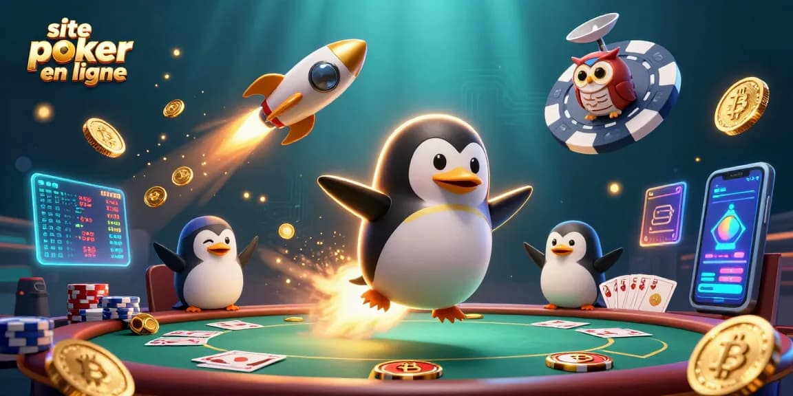 Gagnez sur un site poker en ligne avec des illustrations dynamiques de poker et des éléments crypto.
