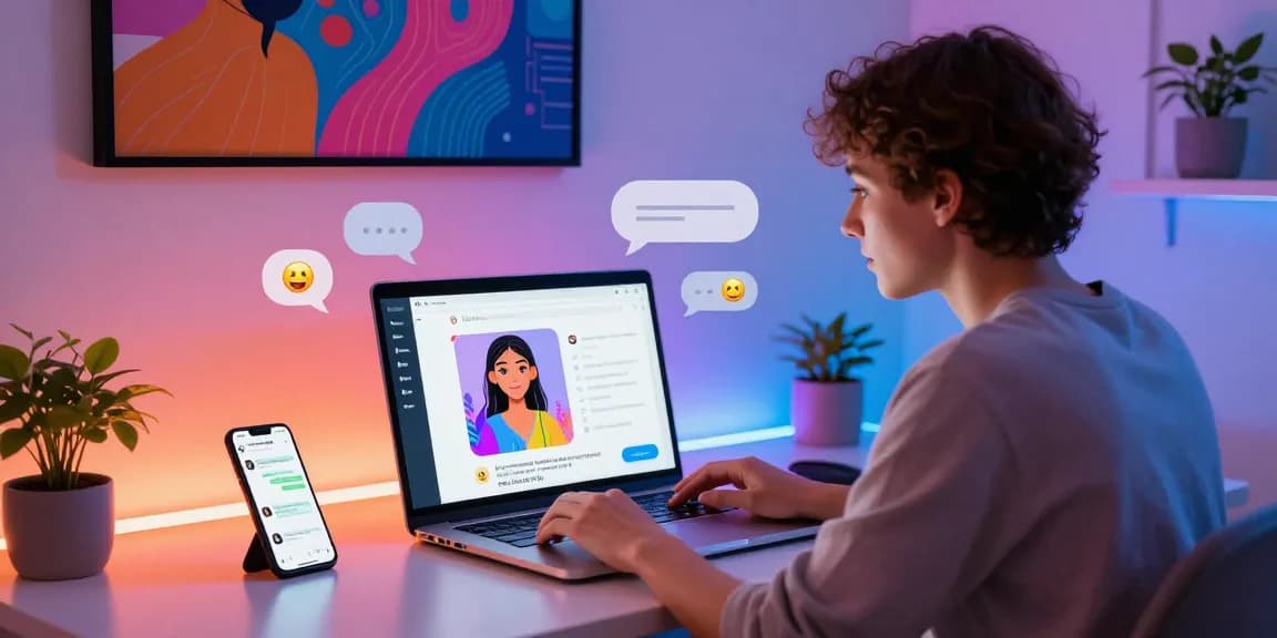 Engaged user exploring nsfw ai interactions on a modern chat interface, vibrant digital atmosphere.