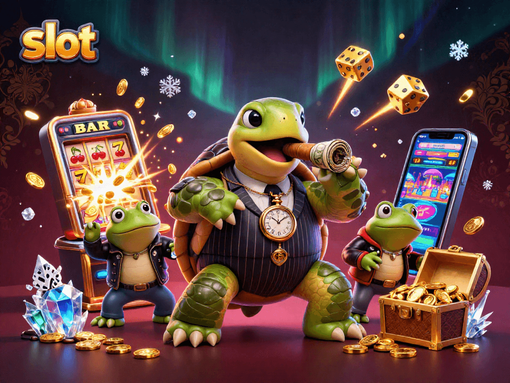Experience thrilling slots with a massive snapping turtle mobster beside golden jackpot coins.