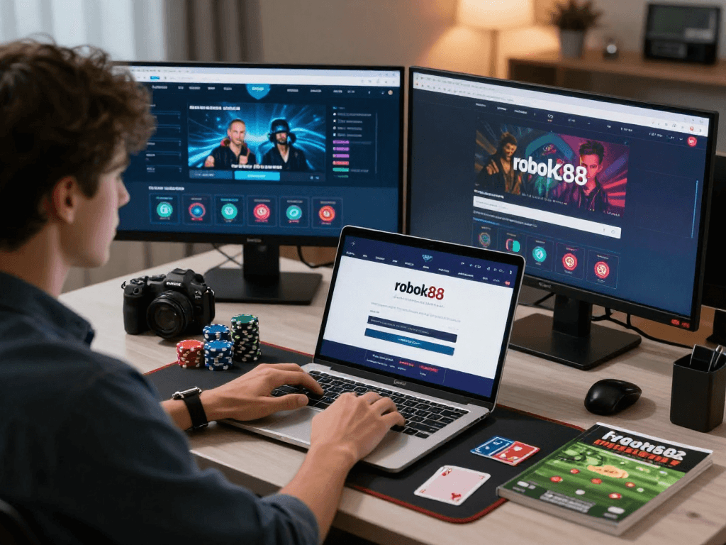 Engaged user accessing rokok88 login on multiple screens in a modern gaming setup.