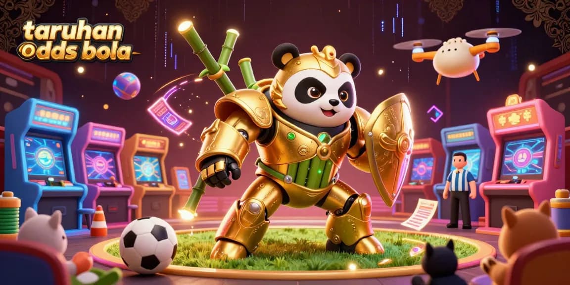 Engage with taruhan odds bola in this vibrant sports betting scene featuring a mech-suit panda and cheering spectators.