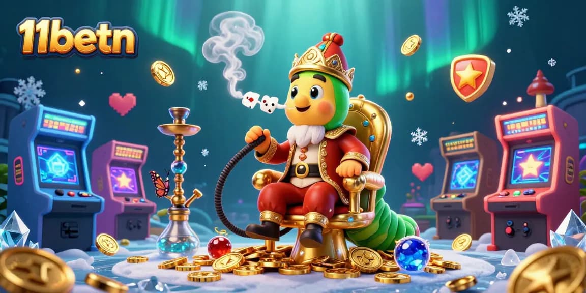 Experience 11betn’s vibrant gaming scene with a whimsical caterpillar and casino icons!