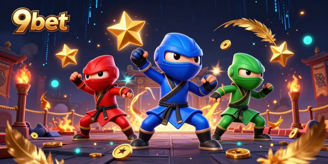 Experience thrilling action with 9bet's vibrant casino scene featuring ninja chameleons in martial arts poses.