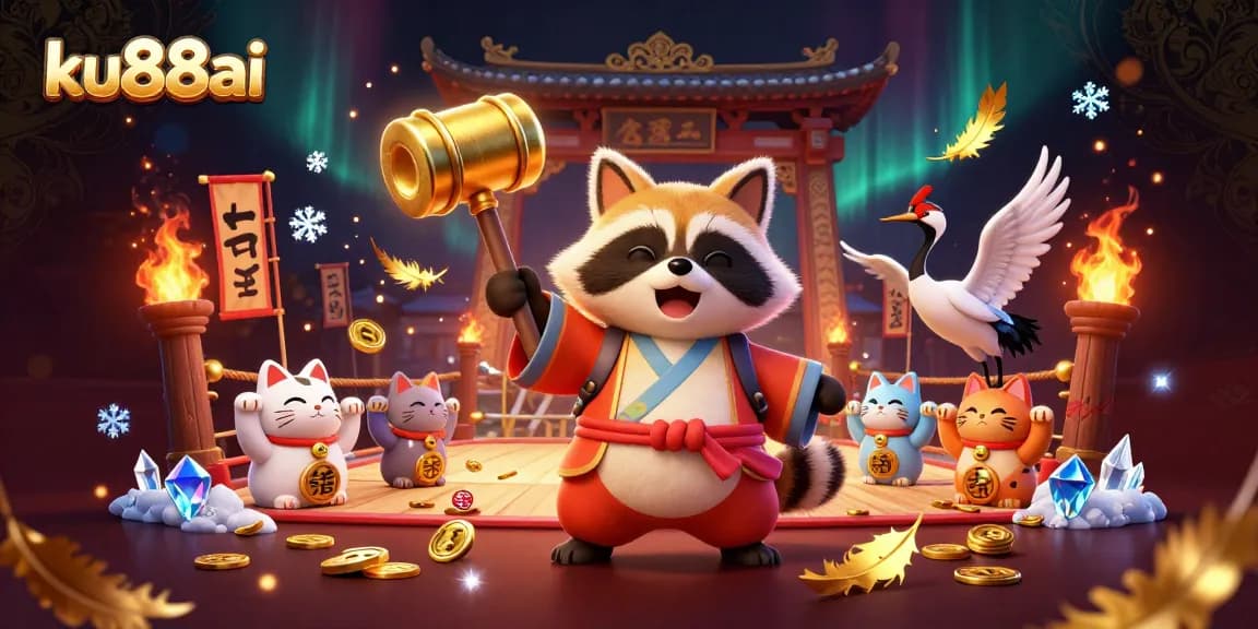 Engage with ku88ai and experience vibrant gaming action, featuring a cheerful tanuki and lucky maneki-neko.