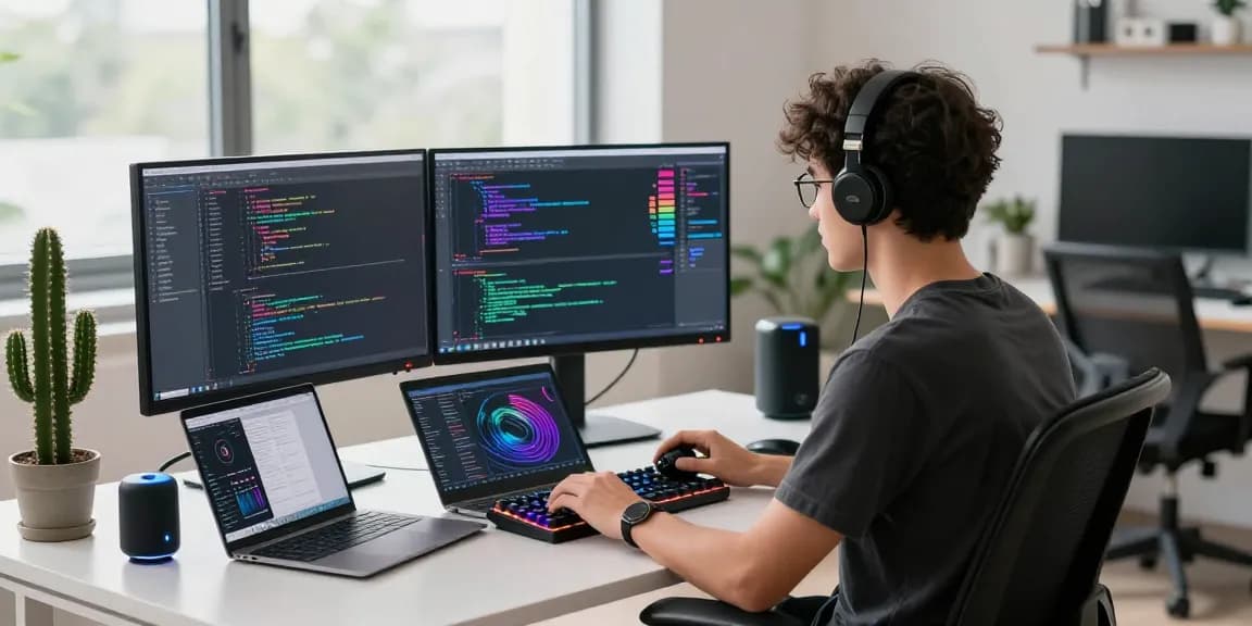 Developer coding in a modern tech workspace with 纸飞机中文版 software on multiple monitors, showcasing productivity tools and a creative environment.