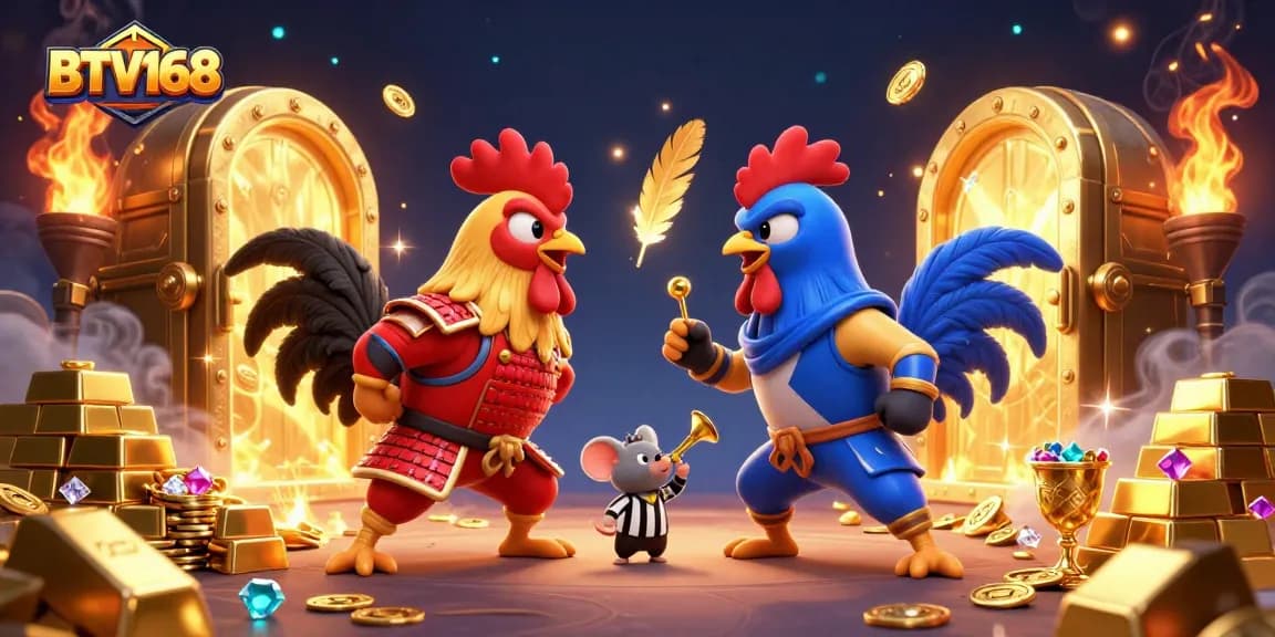 BTV168 showcases an intense cockfight scene with vibrant graphics and dynamic casino elements.