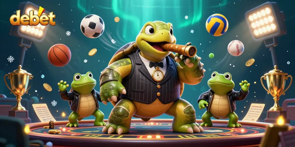 Experience the thrill of debet with a vibrant 3D casino scene featuring a cartoon snapping turtle and bullfrog enforcers.
