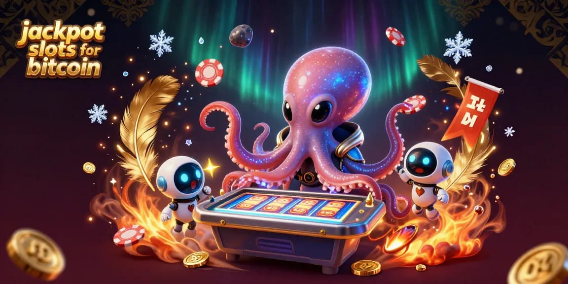 Engage in jackpot slots for bitcoin with an alien octopus and vibrant cosmic elements.