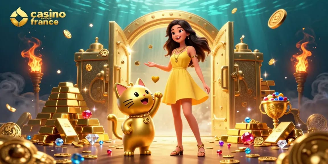Vivez l'excitation du casino en ligne France avec une femme joyeuse et un chat chanceux, entourés d'or et de bijoux.