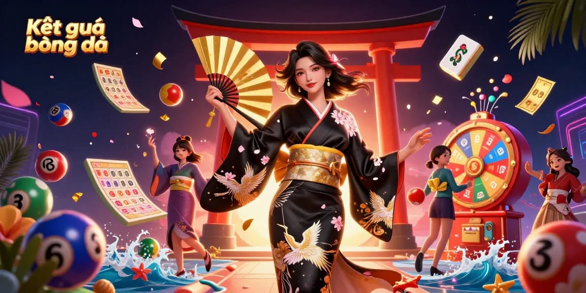 Kết quả bóng đá illustrated with an elegant Asian woman in a black kimono, vibrant lottery elements, and dynamic gaming symbols.