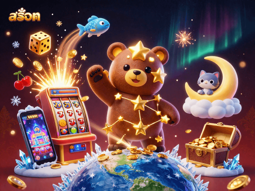 Experience the excitement of สล็อต with a vibrant 3D illustration of cosmic characters and a slot machine.