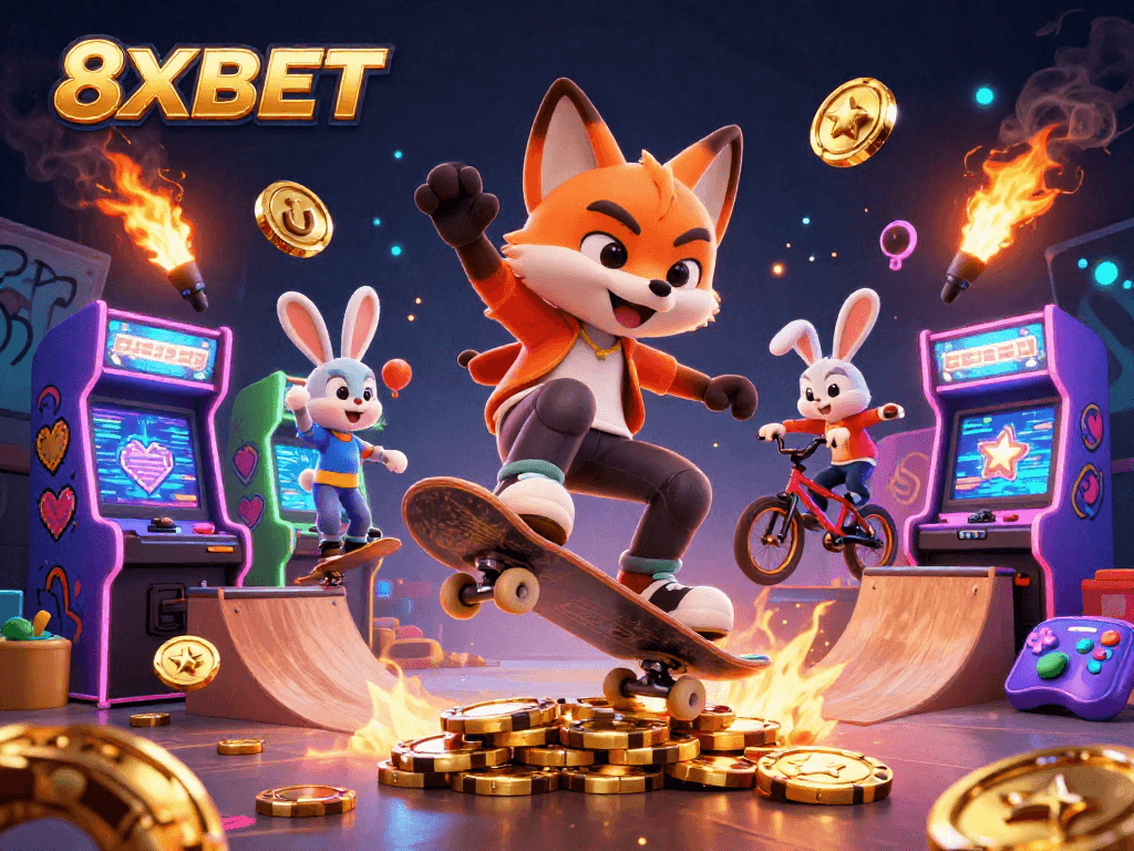 Experience thrilling action with 8XBET's vibrant casino world featuring animated characters and casino elements