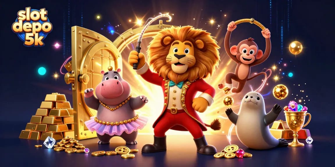 Experience the thrill of slot depo 5k with an exciting 3D digital casino scene featuring vibrant characters.