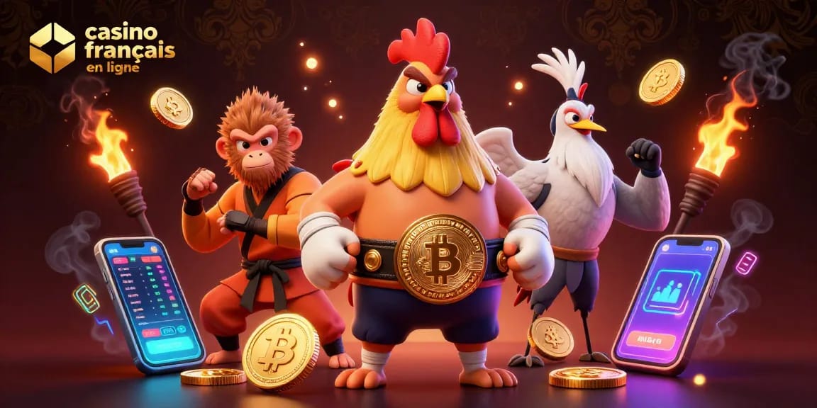 Plongez dans l'univers du casino français en ligne avec un coq, un singe Shaolin et un maître grue entourés d'éléments de jeu.