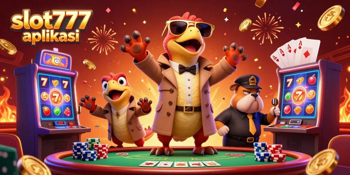 Experience thrilling gameplay with slot777 aplikasi amidst vibrant slot machines, poker chips, and raptors in a trench coat.