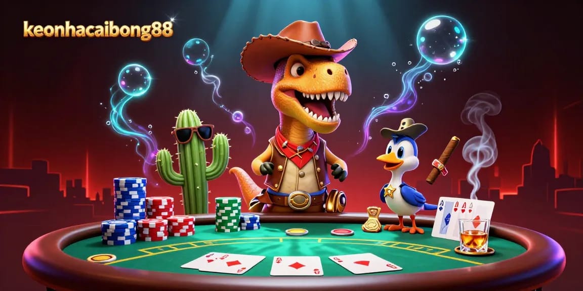 Experience thrilling poker action with keonhacaibong88 featuring a lively T-Rex, cactus sidekick, and roadrunner.