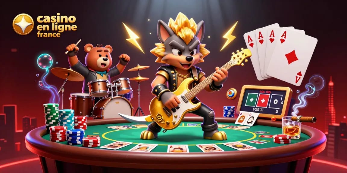 Découvrez les jeux au casino en ligne France avec des personnages animés sur une scène dynamique.