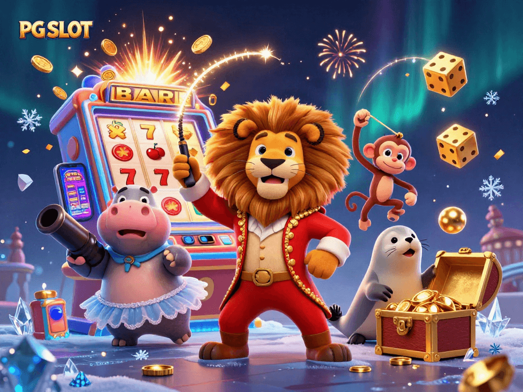 Experience PG SLOT excitement with dynamic 3D carnival characters amidst a jackpot explosion.