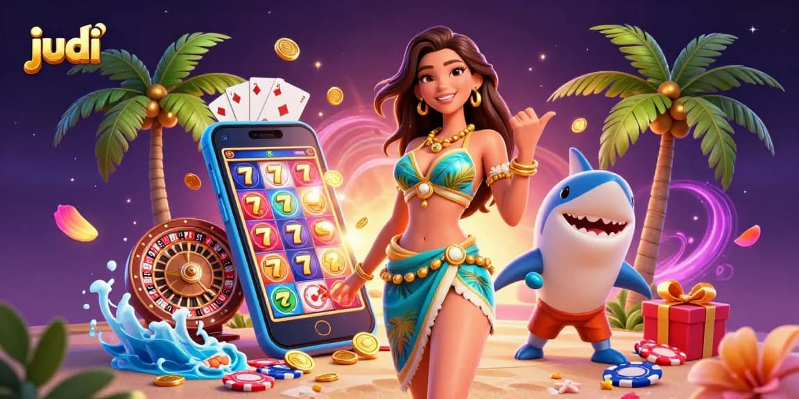 Enjoy judi gaming with vibrant slot reels and characters engaging in a thrilling casino atmosphere.