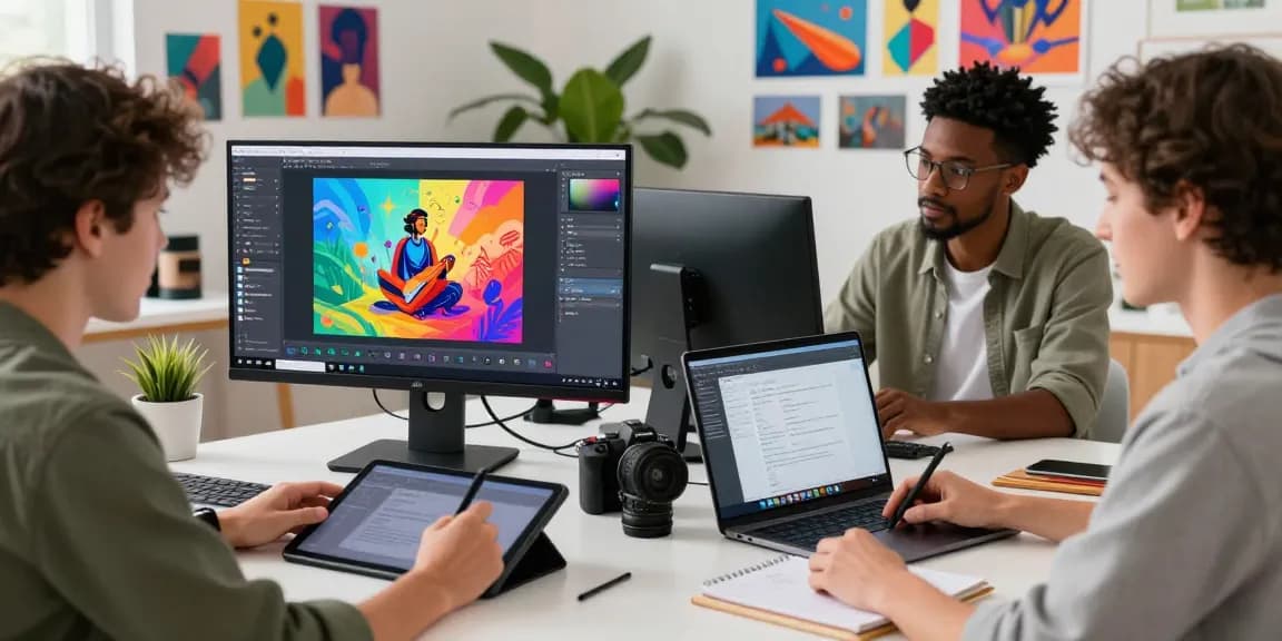 Collaboration of digital artists using the Nano Banana 2 AI image editor in a modern workspace.