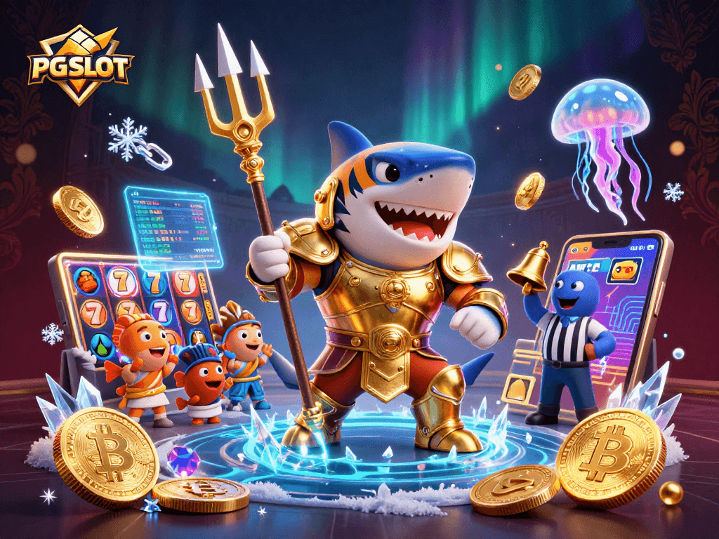 Engage in PG SLOT fun with an action-packed underwater illustration featuring a golden gladiator shark.