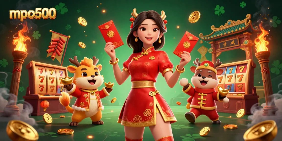 Engage with mpo500's dynamic casino experience, featuring festive characters amidst slot reels and golden coins.