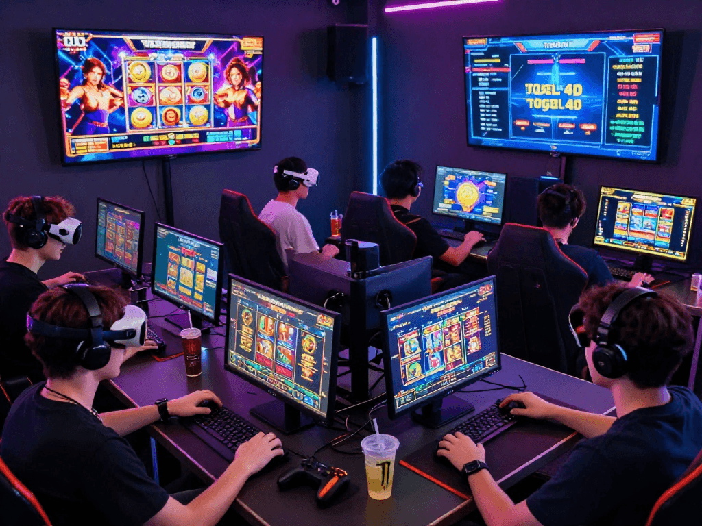 Engaged players enjoying togel 4D gaming with neon lights and vibrant graphics in a modern online gambling setting.