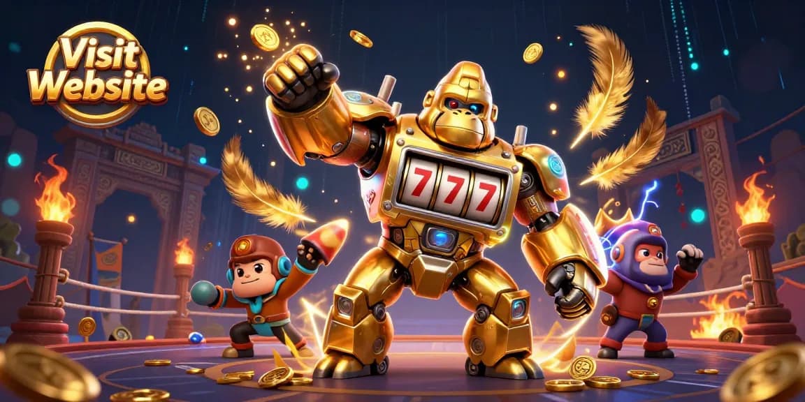 Experience thrilling wins while you visit the website featuring a golden gorilla mech in action.
