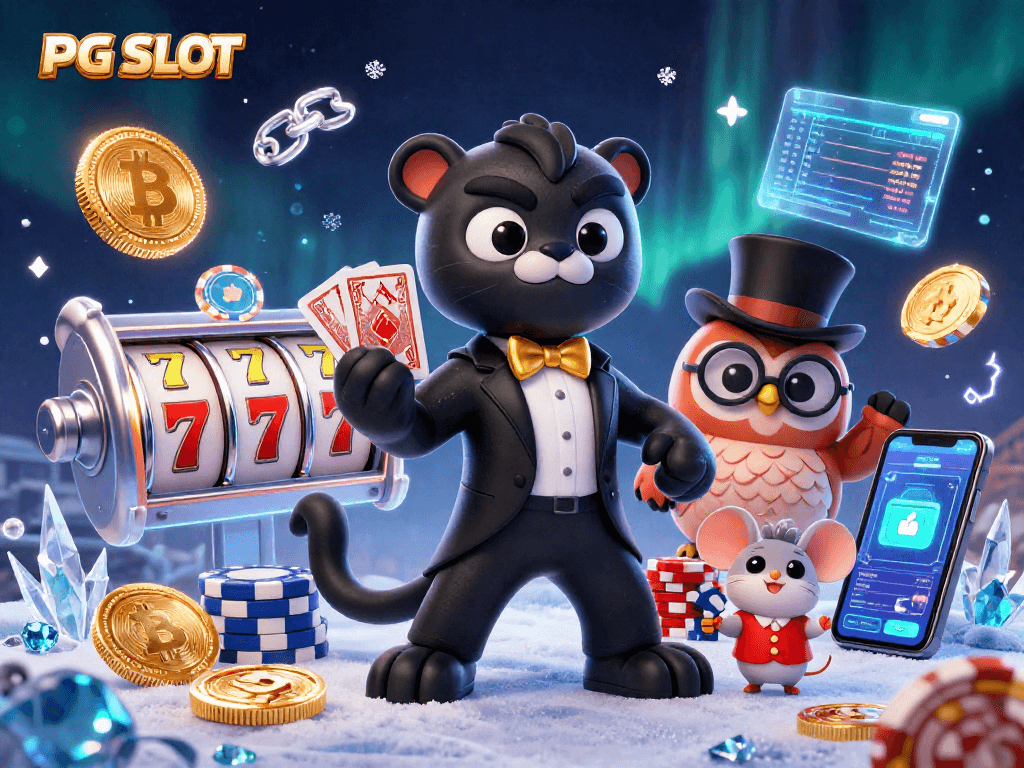 Engage with PG SLOT by watching a stylish panther, owl, and mouse in a vibrant casino scene.