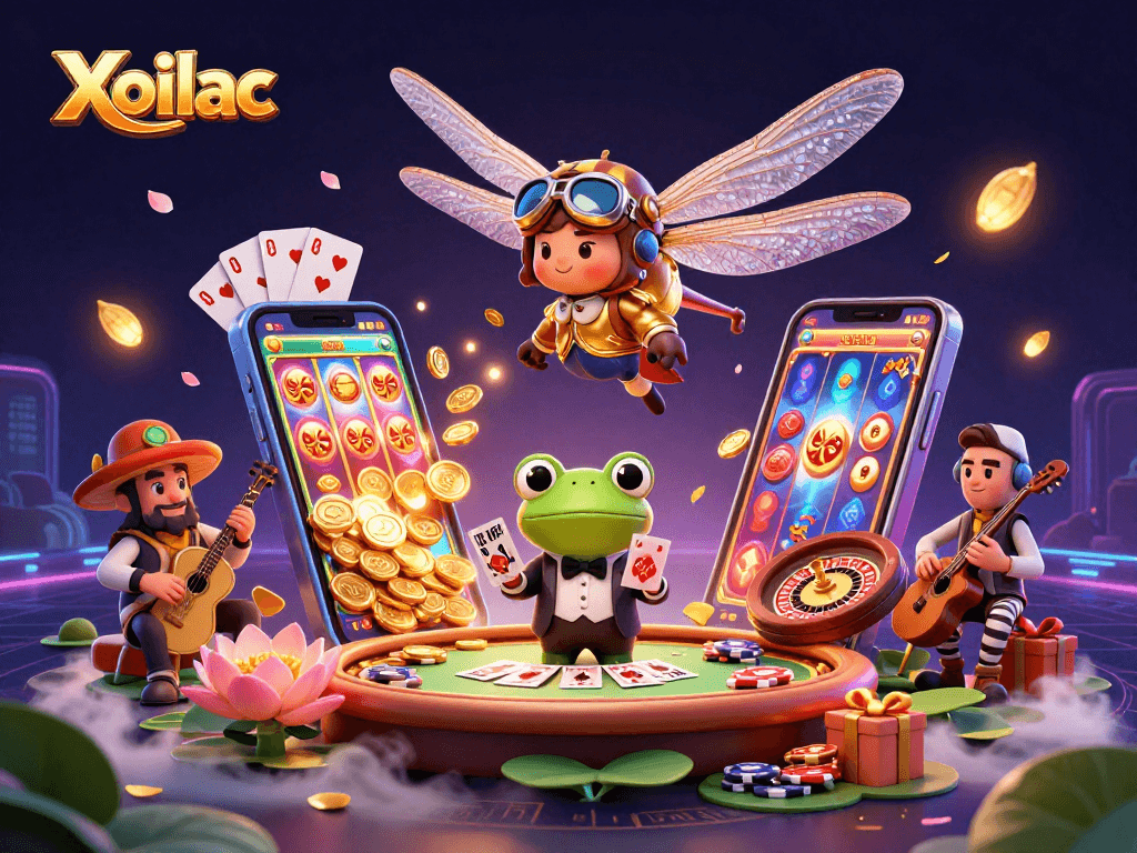 Xoilac features a vibrant casino scene with a dragonfly pilot and frog croupier dealing cards.