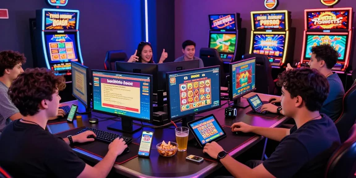 Dynamic group using the benihtoto daftar platform for online gaming, celebrating wins in a vibrant digital environment.
